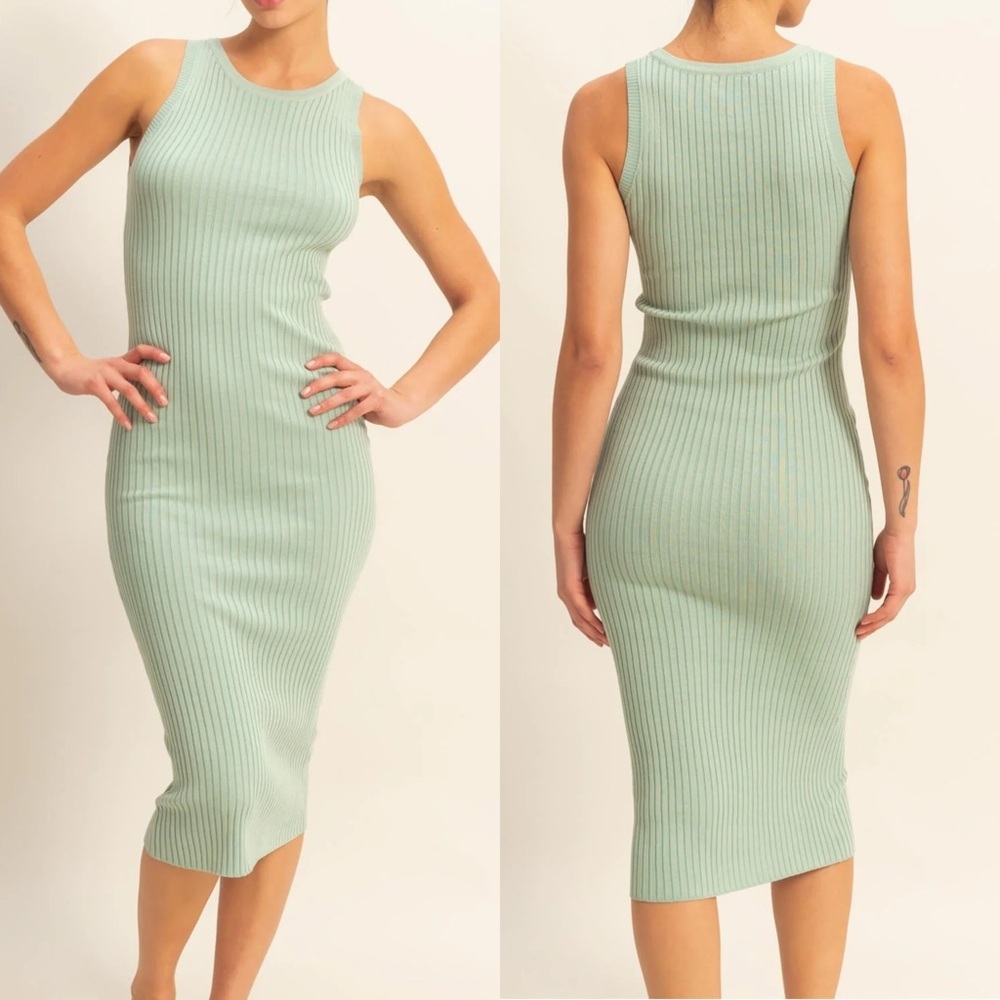 NEW Double Zero Sage Green Ribbed Bodycon Midi Dress Sleeveless Size Large